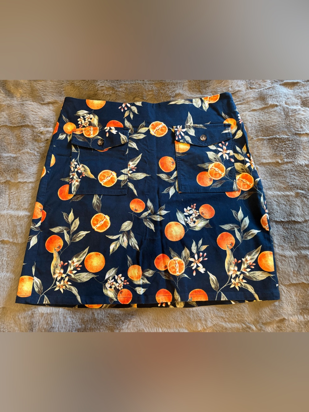LOFT Navy Blue Chino Skirt with Orange Fruit Print